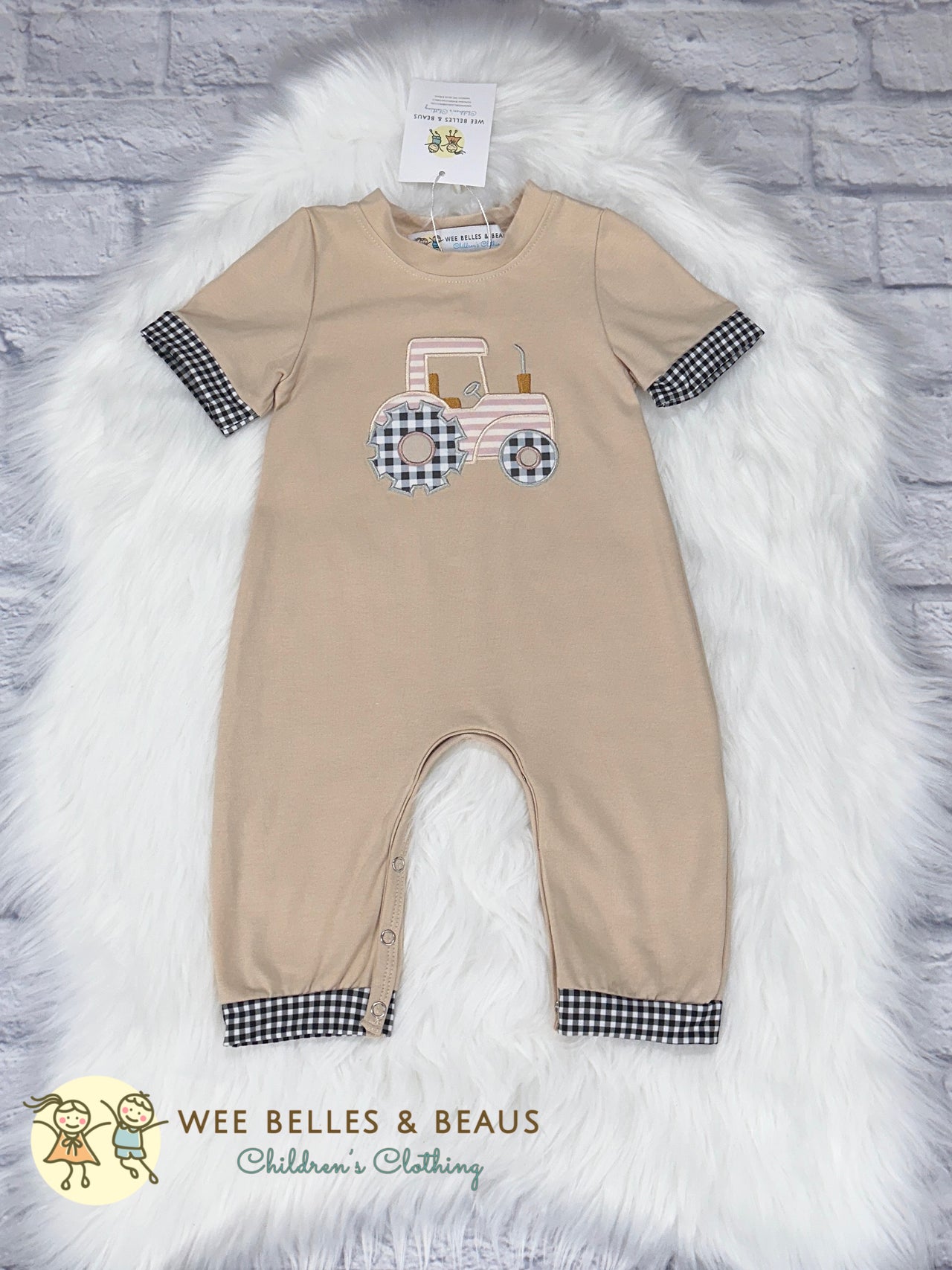 TRACTOR ON BEIGE BOY ROMPER