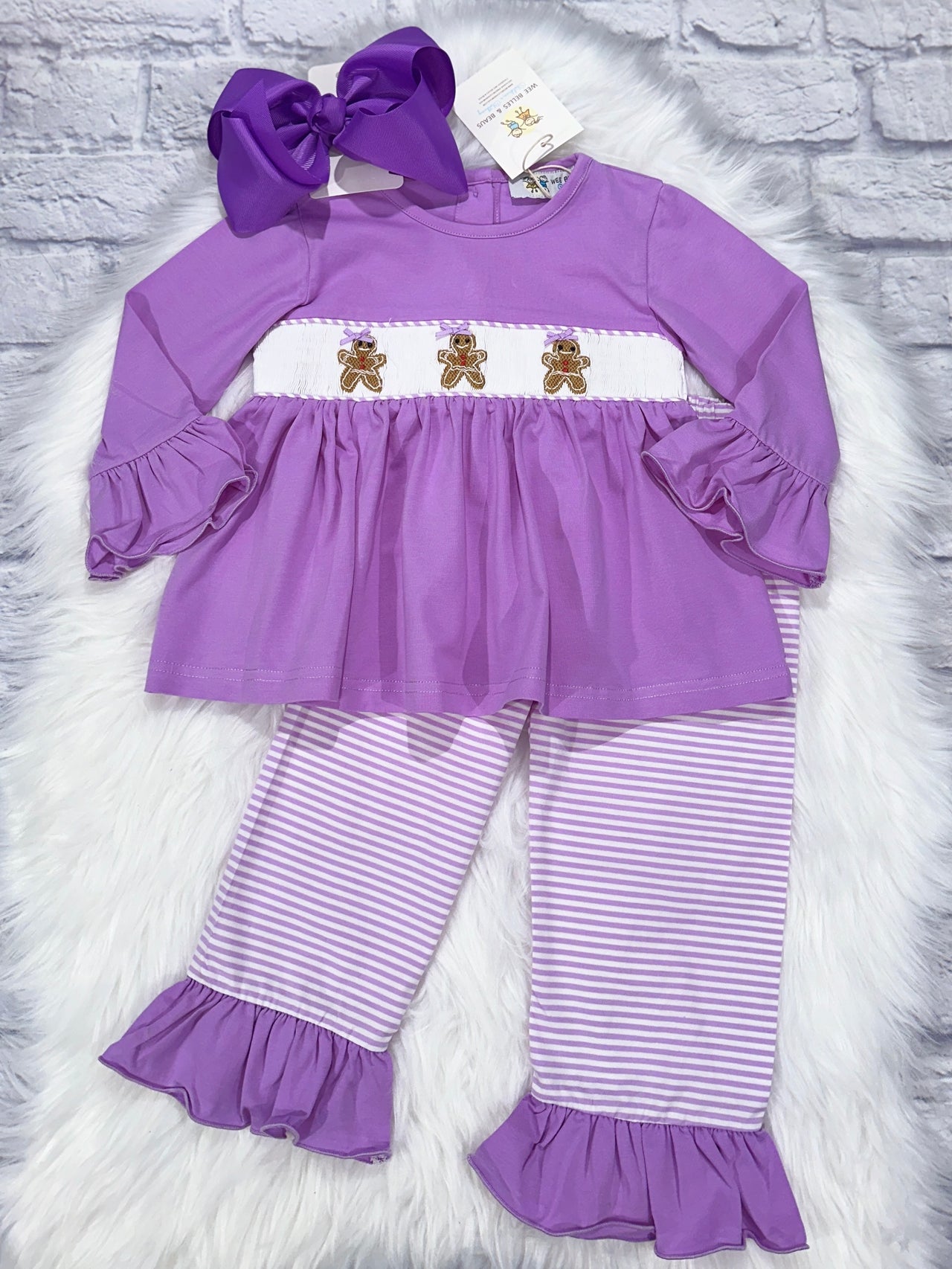 Hand Smocked Purple Gingerbread Girl Pant Set