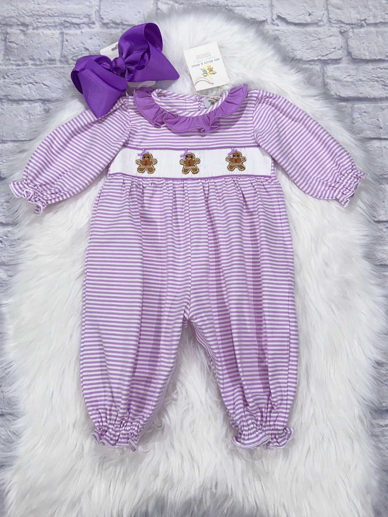 Hand Smocked Purple Gingerbread Romper