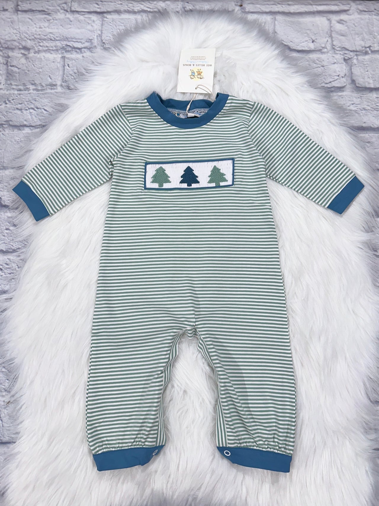 Hand Smocked Stone Blue Christmas Trees Boy Romper