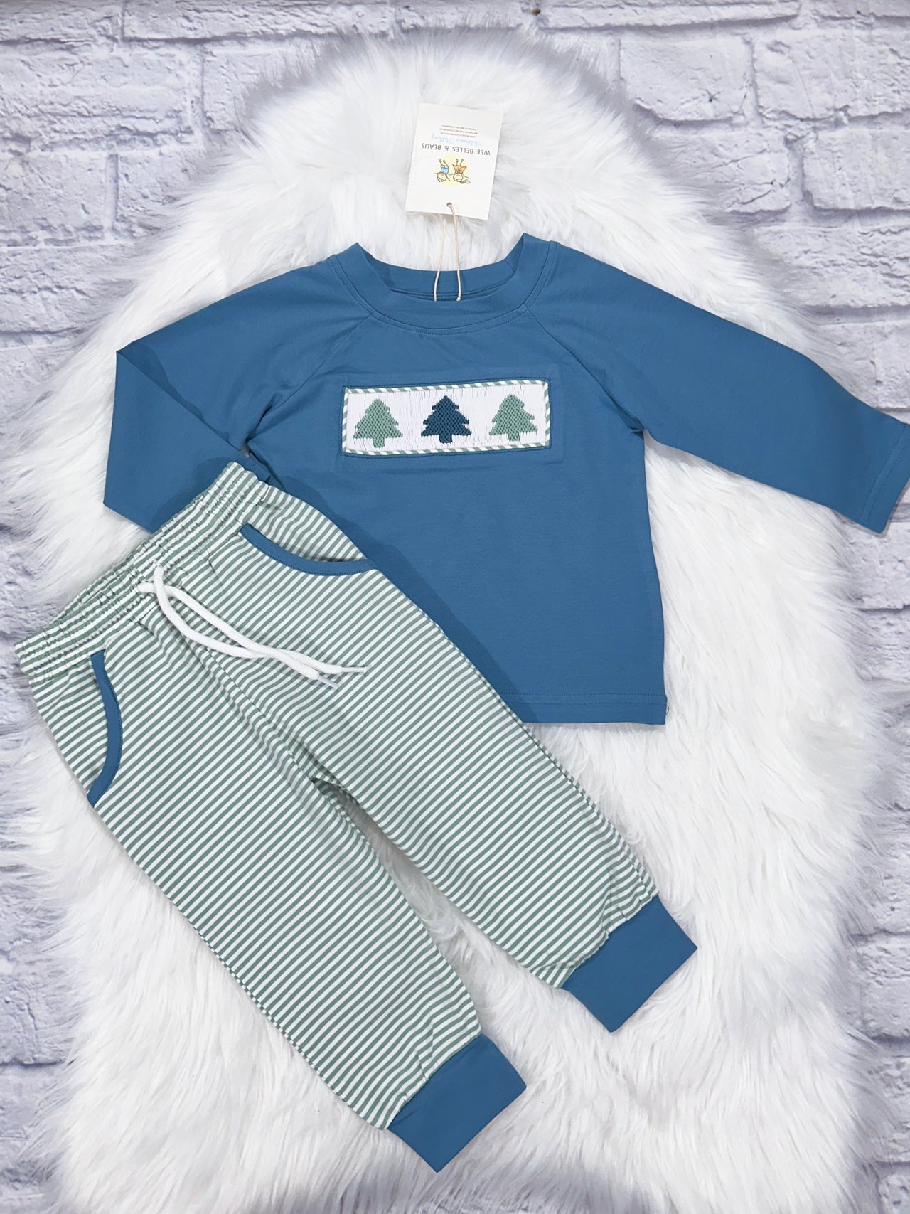 Hand Smocked Stone Blue Christmas Trees Boy Jogger