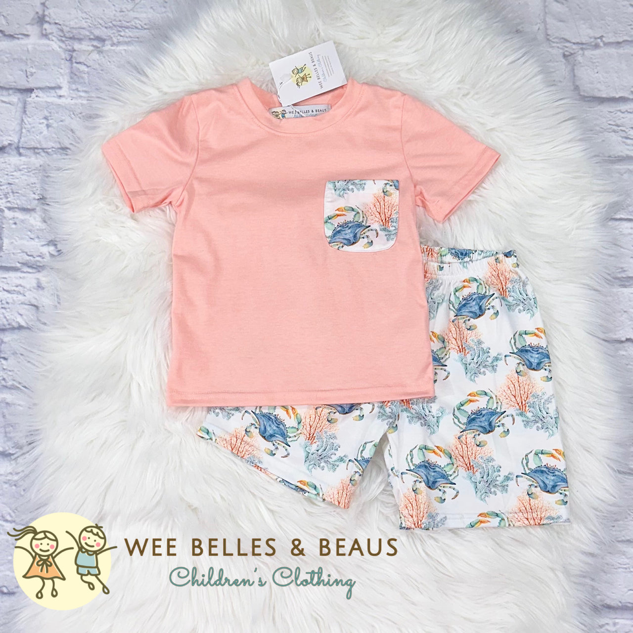 Blue & Coral Crab Boy Short Set