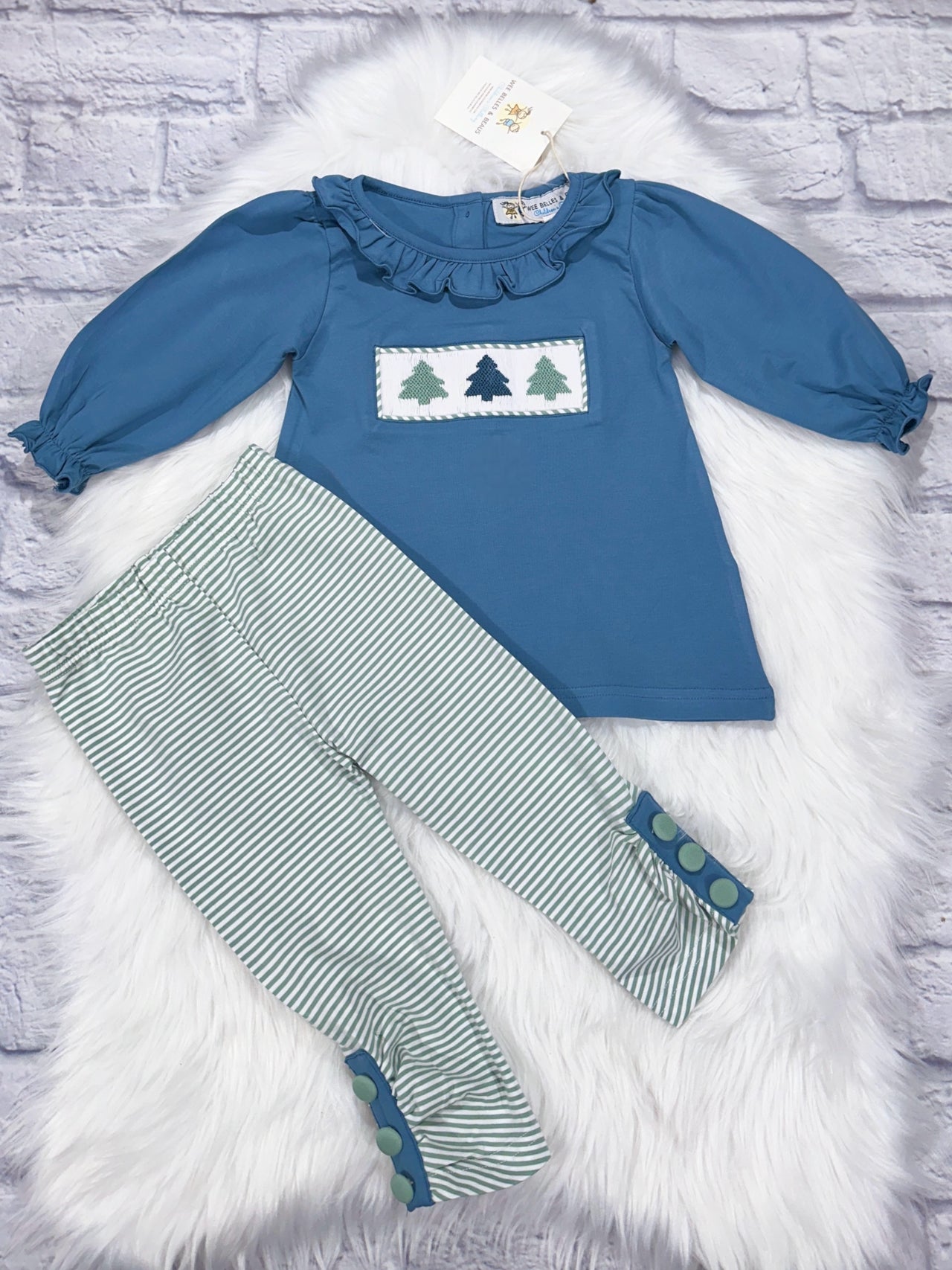 Hand Smocked Stone Blue Christmas Trees Girl Pant Set