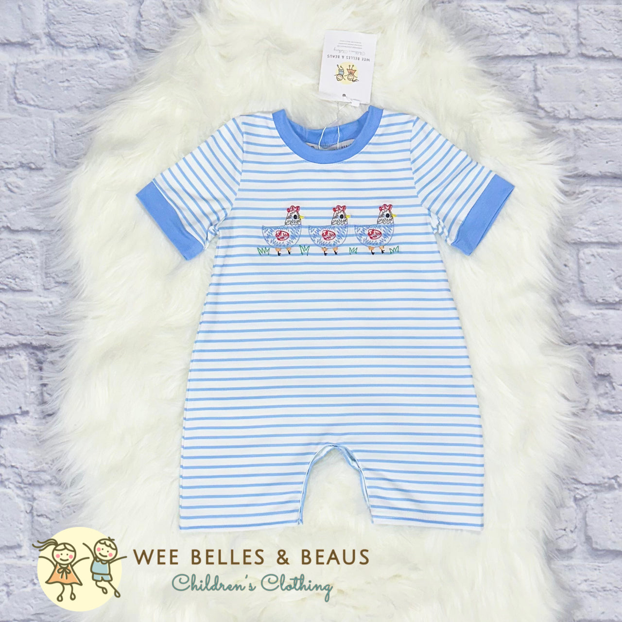 Blue Embroidered Chickens Boy Romper