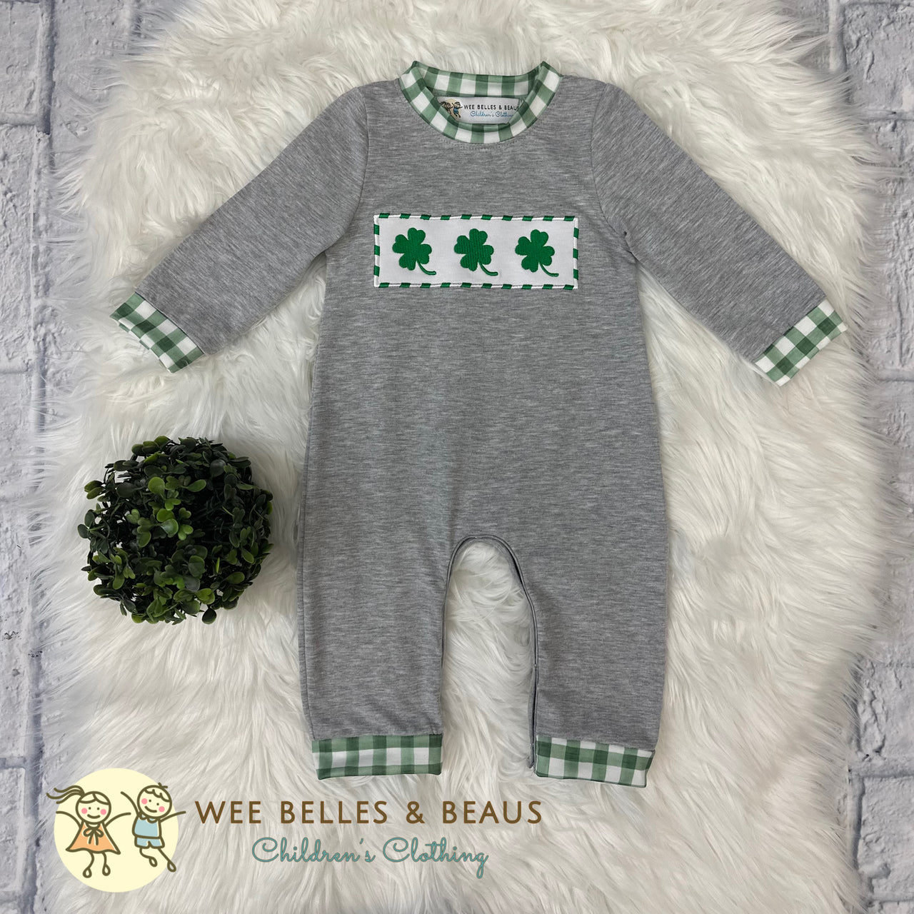 St Patrick's Embroidered Shamrocks on Grey BR